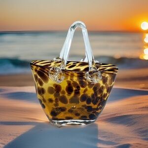 Hand Blown Murano Style Vintage Glass Purse Vase Leopard Spot Amber 7" Art